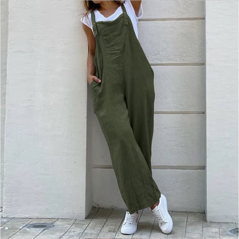 Women Wide Leg Pants Summer Adjustable Strap Pocket Loose Cotton Linen Overalls JYFS-JY1850