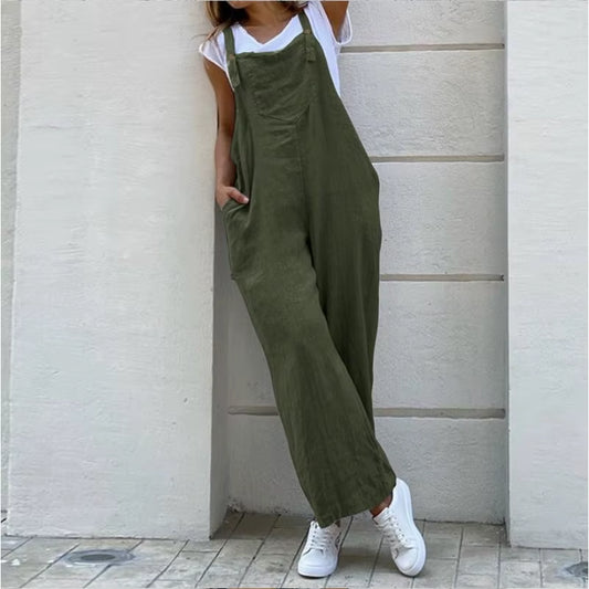 Women Wide Leg Pants Summer Adjustable Strap Pocket Loose Cotton Linen Overalls JYFS-JY1850