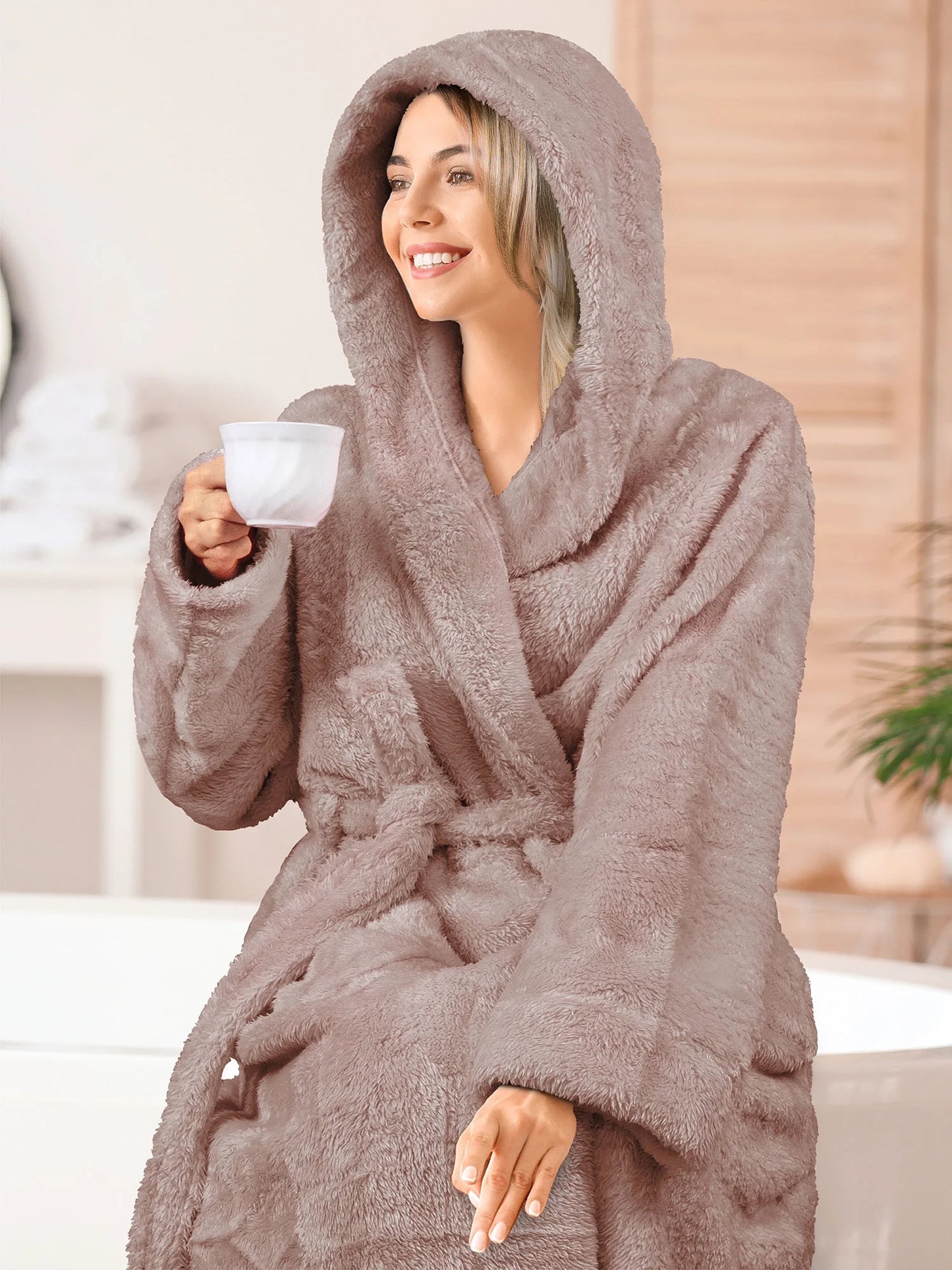 Women Hooded Plush Soft Robe | Fluffy Warm Fleece Sherpa Shaggy Bathrobe (S/M, Taupe)