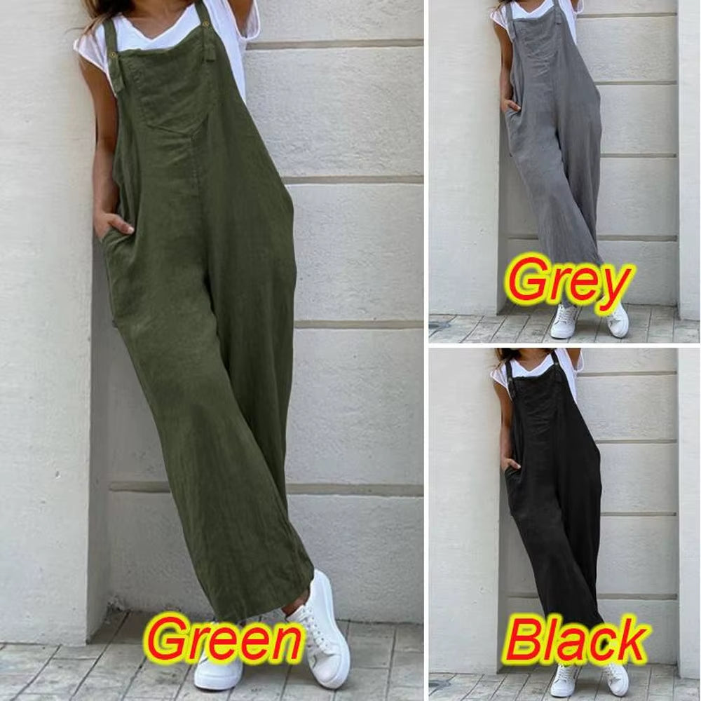 Women Wide Leg Pants Summer Adjustable Strap Pocket Loose Cotton Linen Overalls JYFS-JY1850