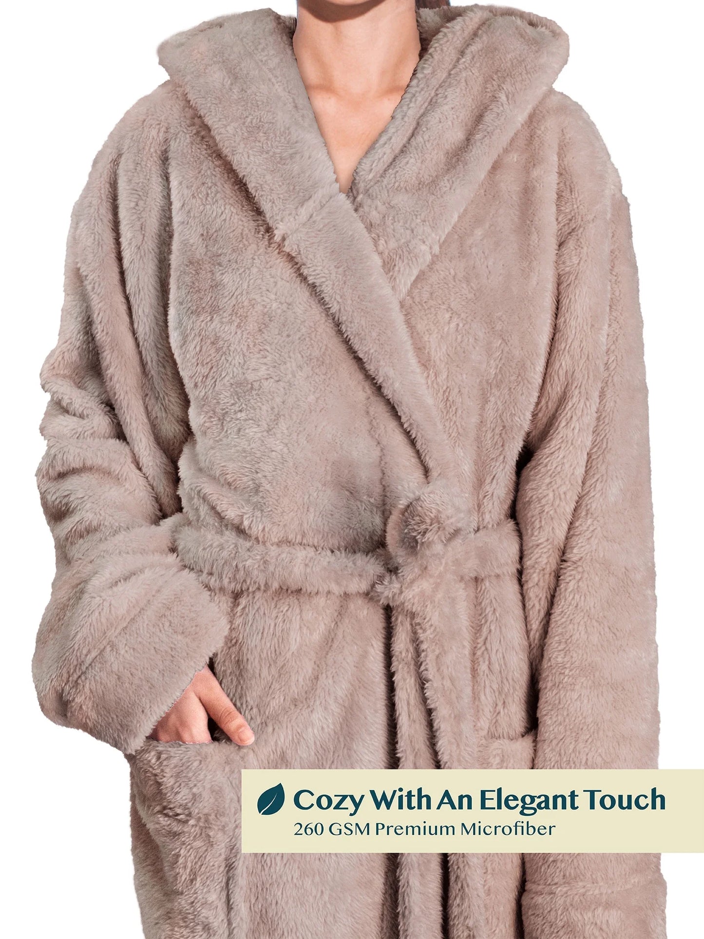 Women Hooded Plush Soft Robe | Fluffy Warm Fleece Sherpa Shaggy Bathrobe (S/M, Taupe)