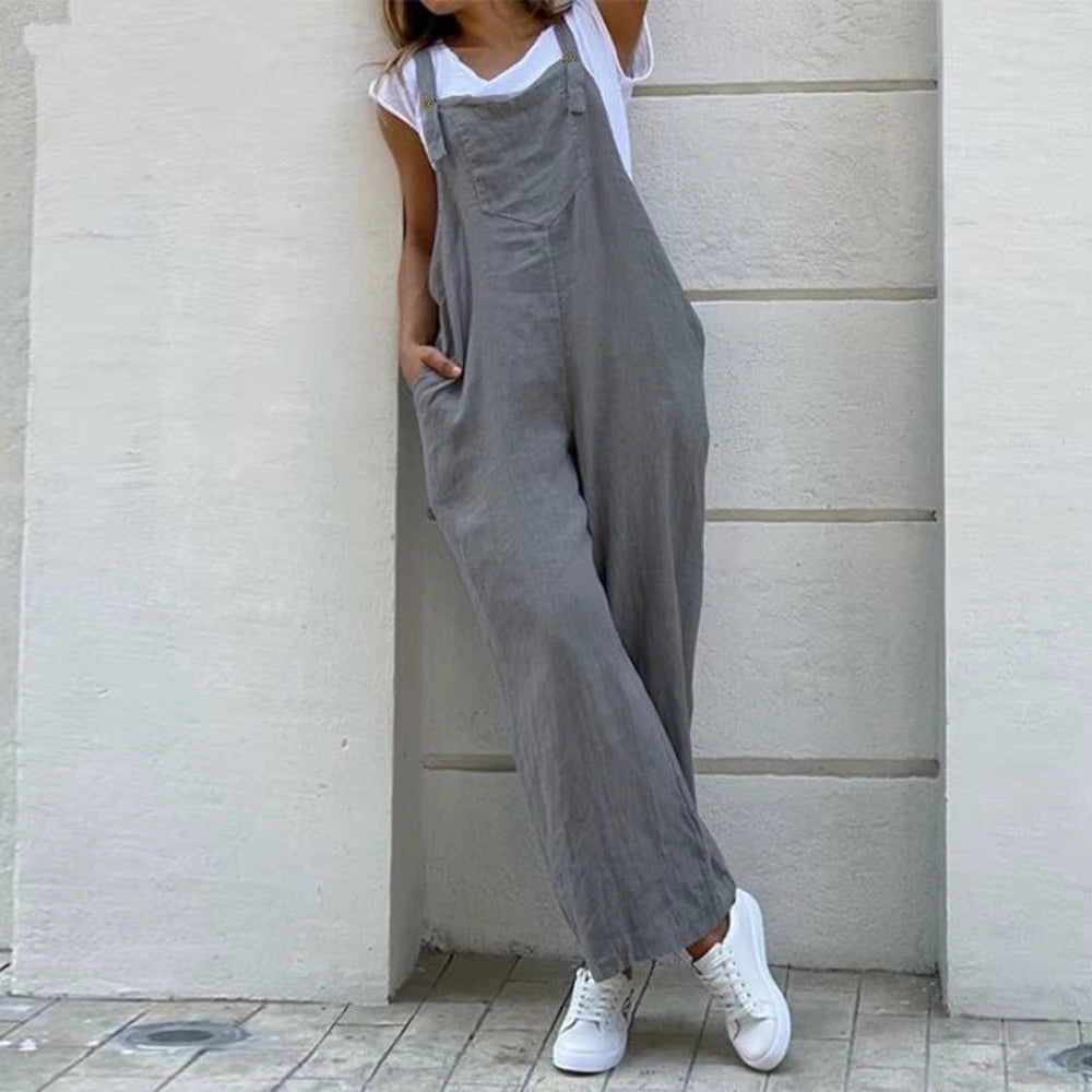 Women Wide Leg Pants Summer Adjustable Strap Pocket Loose Cotton Linen Overalls JYFS-JY1850