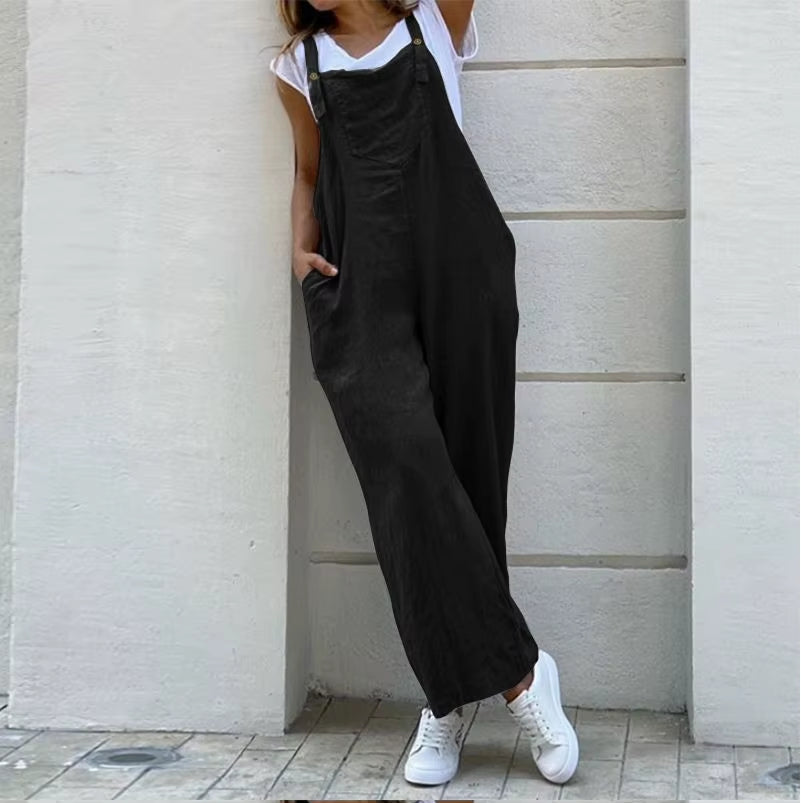 Women Wide Leg Pants Summer Adjustable Strap Pocket Loose Cotton Linen Overalls JYFS-JY1850